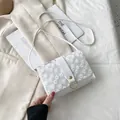 Elegant white floral embroidered small square crossbody bag with gold ring buckle detail - White