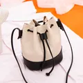 Stylish beige and black contrast quilted drawstring bucket shoulder bag for women - Drawstring Bucket / Black