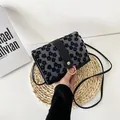 Fashion floral pattern crossbody square bag with gold ring closure in black and grey - Black