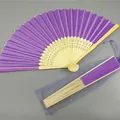 Purple bamboo folding fan with matching organza pouch for wedding favors - Purple