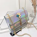 Stylish holographic laser square crossbody bag with tassel flower and gold chain - Silver