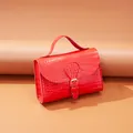 Fashion red crocodile pattern leather women small square handbag with a top handle - Red