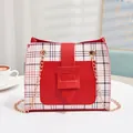 Stylish red and white plaid crossbody bag with gold chain strap detail for women. - Red