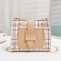 Stylish beige plaid crossbody bag with elegant gold chain strap in a classic tan color - Khaki