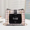 Elegant small plaid contrast color square handbag with stylish gold chain strap - Black
