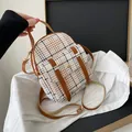 Stylish vintage plaid mini backpack in brown and beige colors with adjustable straps - Brown
