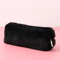 Elegant black fuzzy plush pencil case with rose gold zipper for school and office use - Plush Octagon Black
