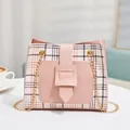 Elegant pink plaid crossbody bag with gold chain strap, perfect for casual daily use - Pink