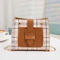 Stylish plaid crossbody small square bag with brown leather accents and gold chain - Brown