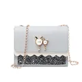 Elegant small gray crossbody chain bag with cute cat pearl decoration and glitter texture - Gray (Sequined)
