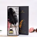 Close-up of professional vintage black feather dip pen gift set including ink and replacement nibs - Black
