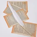 Detail view of a elegant white feather ballpoint pen resting on vintage book pages - White