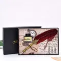 Detailed view of vintage red feather quill pen and ink gift set in a black box - Red Black Spotted Feather (8029) / 3 Pieces/Pack / Red