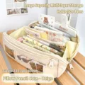 Cream white multi-layer pencil bag with large capacity for 50 pens, 220x80x80mm size. - Off White