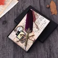 Vintage purple feather quill pen set with ink and pocket watch in a black luxury gift box - Pearl Purple