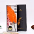 Vintage orange feather dip pen set with replacement nibs and ink in a black gift box - 1 Feather Pen + 5 Nibs + 1 Ink Bottle (Orange) / Orange