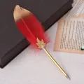 Close-up of decorative red and gold feather quill ballpoint pen with gold barrel - 红色(8064) / 0.5mm