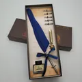 Σετ δώρου vintage πένας καλλιγραφίας με φτερό και μελάνι με πέντε ανταλλακτικές μύτες - Σκούρο μπλε
