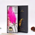 Detailed view of the elegant pink feather quill pen set with calligraphy nibs and ink - Rose Red