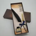 Vintage σετ δώρου με μαύρο φτερό, μύτες καλλιγραφίας και μελάνι σε κουτί με χάρτη - Καθαρό μαύρο