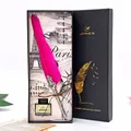 Elegant magenta feather dipping pen gift box set with black ink and replacement nibs - 1 Pen + 1 Ink + 5 Nibs / Rose Red