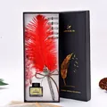 Detailed view of luxury red feather quill pen gift set with ink and nibs - Red
