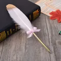 A detail view of elegant white feather ballpoint pen decorated with a pink bow ribbon - White Feather