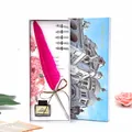 Vue détaillée du coffret cadeau plume rose avec plumes de rechange et encre - Rose rouge