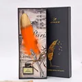 Détails d'un coffret cadeau de luxe avec stylo plume orange, encre et cinq plumes - Orange