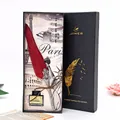 Vintage style red feather dipping pen gift set with elegant crown detail and ink bottle - 1 Pen + 1 Ink + 5 Nibs / Wine Red