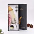Set regalo penna piuma vintage con inchiostro e cinque pennini in scatola nera - Avorio