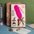 Set regalo vintage con penna piuma rosa, ceralacca, timbro per sigilli e inchiostro - Kit Penna Piuma Rossa