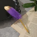 Primer plano detallado de un bolígrafo de pluma morada y dorada con acabado metálico - Estilo Pluma Morado (0027) / Punta de Bala de 0.7 mm / Púrpura