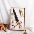 Vintage European quill pen gift set featuring black feather, ink, and wax seal stamp - Dark Green