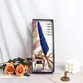 Detailed view of vintage blue feather quill pen set with ink and nibs in a gift box set - Feather Pen Gift Set (004) / Navy Blue