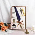 Vintage feather quill pen and ink set with wax seal stamp and nibs for calligraphy. - Dark Blue