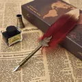 Vintage rötlich braunes Federkiel Stift Geschenkset mit Tinte - Weinrot