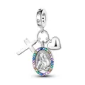 Religious silver charm with cross, heart, and colorful Virgin Mary medallion pendant - Multi-Element Virgin Mary Cross Pendant (#13)