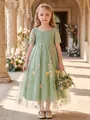 Elegant light green girls' lace tulle princess dress with floral embroidery and butterflies - 4-5Y / Dresses / Light Green