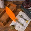 Vintage orange feather quill pen gift set with ornate bronze base and wax seal stamp - Gold Tangerine