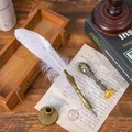 Antique style white feather quill dip pen set with ornate bronze holder and wax seal - White