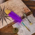 Vintage purple and gold gradient feather quill pen with decorative metal nib and wax seal stamp - Gradient Purple