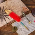 Vintage European red and gold gradient feather quill pen with ornate bronze handle - Gradient Red