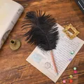 Elegante bolígrafo de pluma de avestruz negra con cuerpo de oro rosa para bodas. - Negro