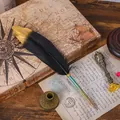 Vintage black and gold gradient feather pen with wax seal stamp and stand kit - Gradient Black