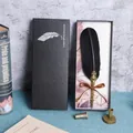 Elegante vintage zwarte ganzenveer dompelpen cadeauset met sierlijke metalen houder - Veerpen Cadeauset / Zwart