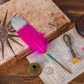 Vintage European gradient feather quill pen in fuchsia and silver with metal stamp - Gradient Rose Red