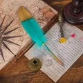 Vintage gradient teal feather quill pen with bronze wax seal stamp and holder set - Gradient Cyan