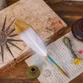 Retro European white and gold gradient feather quill pen set with vintage wax seal stamp - Gradient White