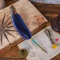 Retro gradient blue feather quill pen with vintage metal stamp on old letter paper - Gradient Navy Blue
